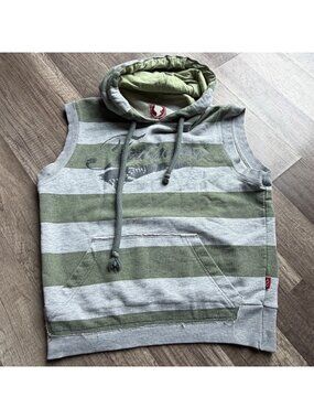 Y2K Pressing Sleeveless Green & Gray Striped Hoodie Vest KIDS XL Fits XS